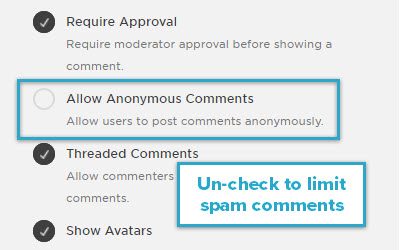 Un-check to prevent spam comments in Squarespace